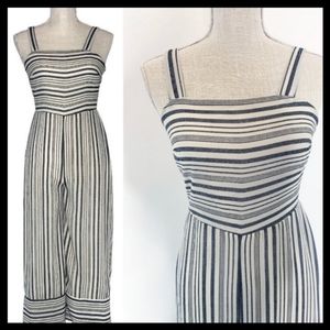 Wide Leg Charcoal Striped Cropped Jumpsuit with Smocked Back, L